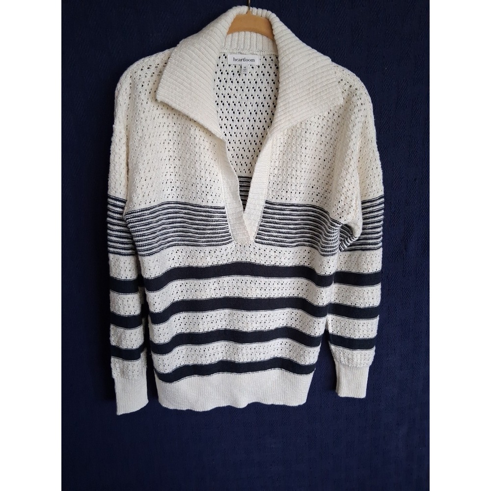 Heartloom Women's Medium Shirt Boho Retro Vneck Sweater Top Cream Navy Blue Sz M